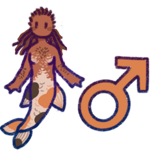 a merman with long locs next to a mars symbol. He has a koi fish lower half and a combination of hair and scales on his chest and arms.